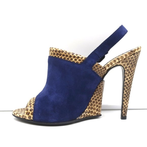 BOTTEGA VENETA SLINGBACK SANDALS NAVY SUEDE AND NATURAL SNAKESKIN SIZE 39 NEW - Picture 7 of 11